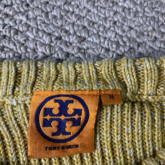 Tory Burch Womens Sweater Size Medium Yellow Chunky Knit Linen Short Sleeves - Picture 7 of 10